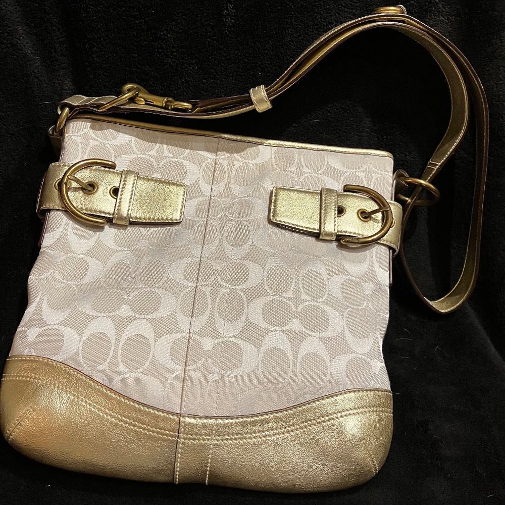 Coach Crossbody/Duffel, White/Ivory Jacquard & Gold Leather Shoulder Handbag